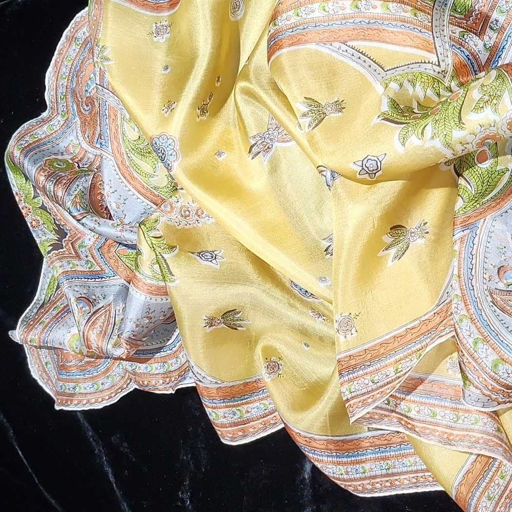 Lembeck Silk Scarf Rare Hand Rolled Curved Edge yellow blue orange green Retro
